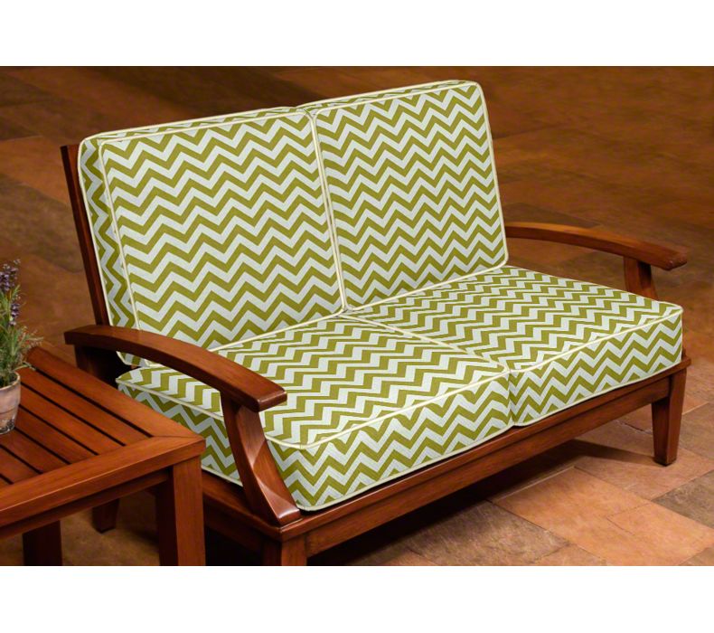 In the photo above, the cushions are welted with Sunbrella® Canvas fabric to coordinate with the main fabric, Premier Prints® Zig Zag in Village Green and Natural.