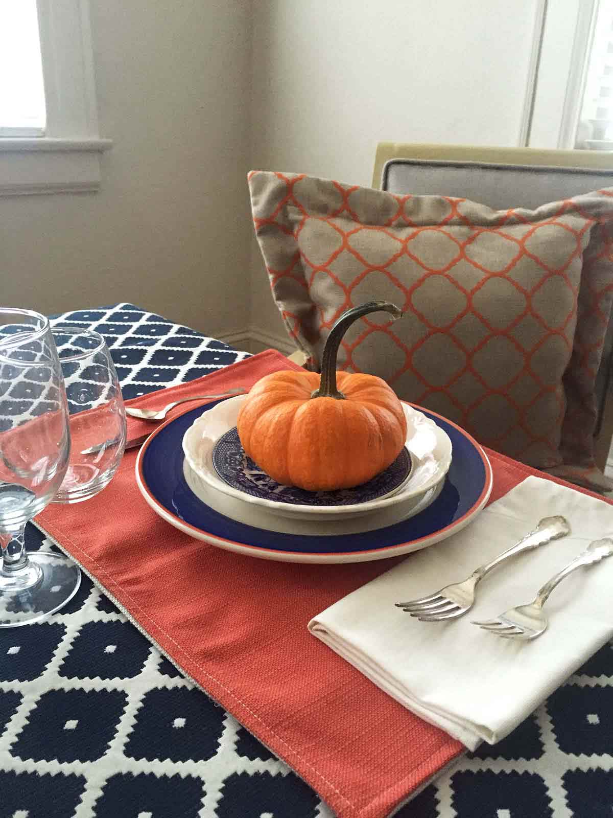 Blue and Orange Thanksgiving Table Decor