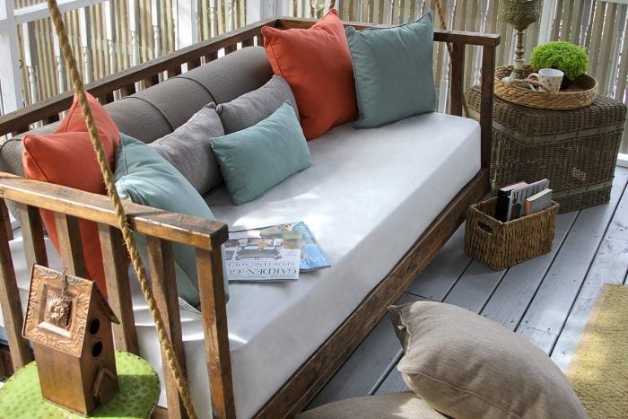 Hanging Porch Swing with Custom Cushion and Pillows