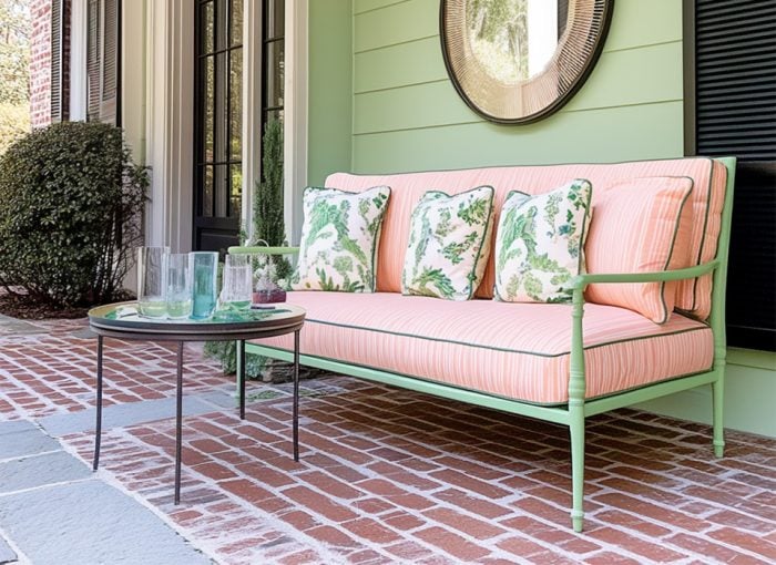 Bright and colorful outdoor patio with patterned cushions